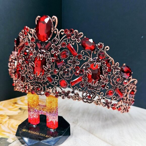 Vintage Handmade Crown, Burgundy Crystal Crown, Victorian Tiara, Copper Crown main image 9